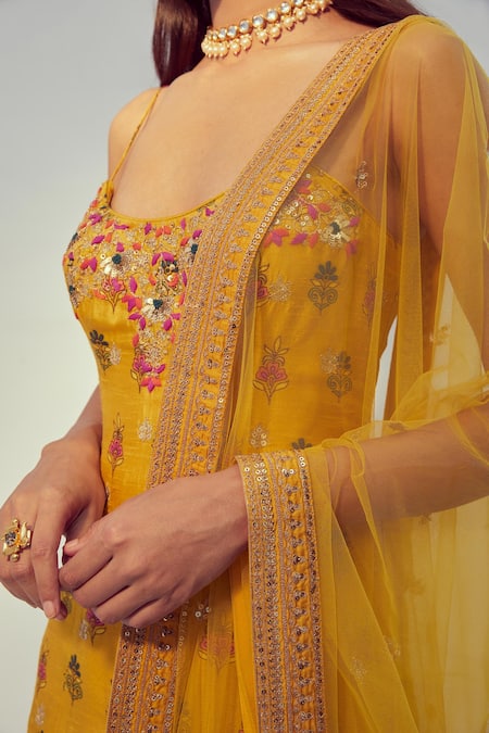 Drishti & Zahabia_Yellow Dupion Silk And Net Dori & Sequin Work, Embroidered Kurta Sharara Set _at_Aza_Fashions