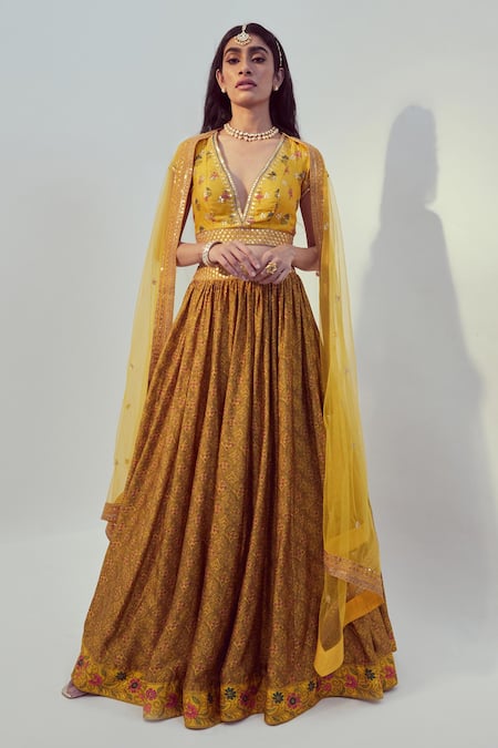 Buy_Drishti & Zahabia_Yellow Dupion Silk And Net Floral Print & Sequin Work V Neck Lehenga Set _Online_at_Aza_Fashions