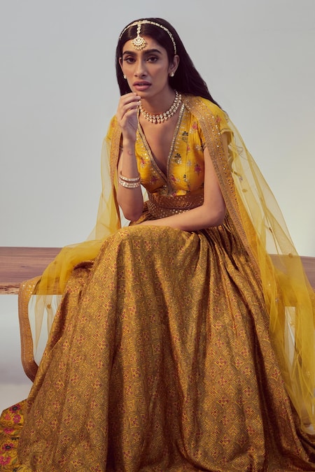 Shop_Drishti & Zahabia_Yellow Dupion Silk And Net Floral Print & Sequin Work V Neck Lehenga Set _Online_at_Aza_Fashions