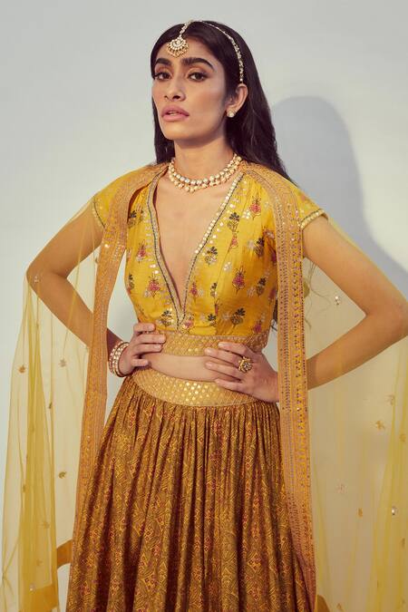 Drishti & Zahabia_Yellow Dupion Silk And Net Floral Print & Sequin Work V Neck Lehenga Set _at_Aza_Fashions