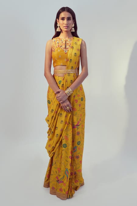 Drishti & Zahabia Yellow Dupion Silk Floral Round Pre-draped Saree With Blouse