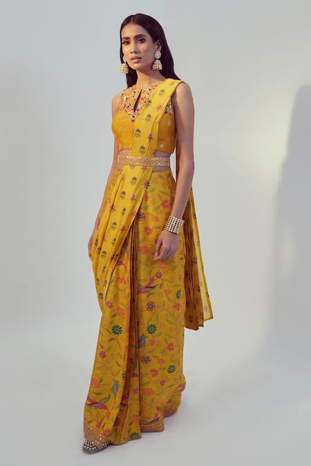 Drishti & Zahabia_Yellow Dupion Silk Dori And Sequin Work, Floral Print Pre-draped Saree With Blouse _Online_at_Aza_Fashions