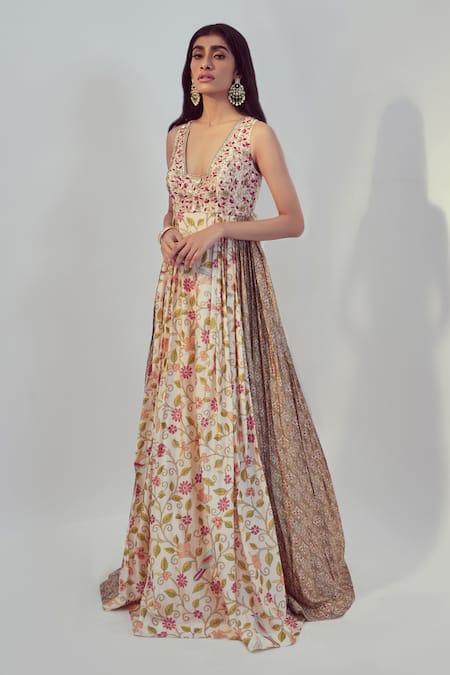 Drishti & Zahabia White Dupion Silk Floral V Neck Gown