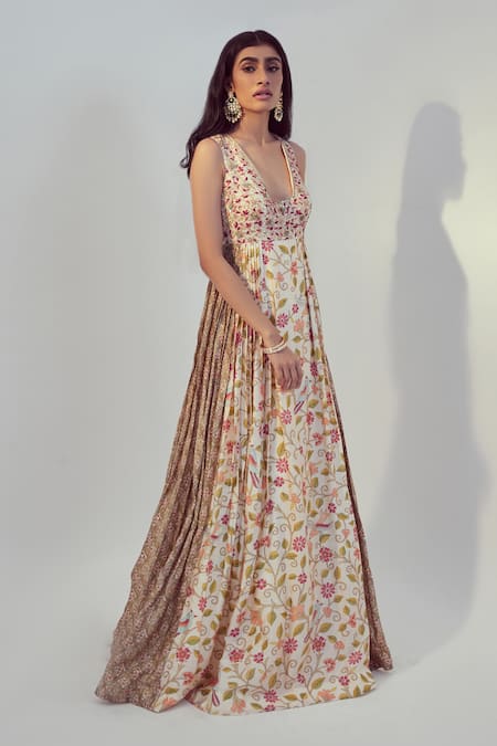 Drishti & Zahabia_White Dupion Silk Dori And Sequin Work, Floral Print V Neck Gown_Online_at_Aza_Fashions