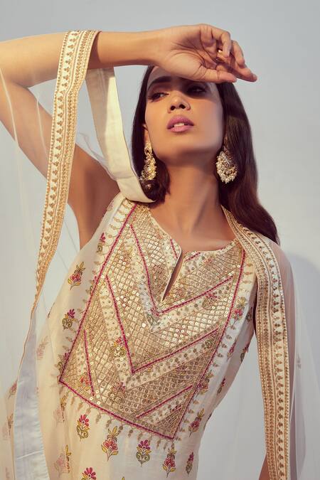 Drishti & Zahabia_White Dupion Silk And Net Dori & Sequin Work, Floral Print Notched Kurta Pant Set_Online_at_Aza_Fashions