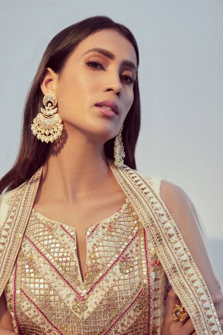 Buy_Drishti & Zahabia_White Dupion Silk And Net Dori & Sequin Work, Floral Print Notched Kurta Pant Set_Online_at_Aza_Fashions