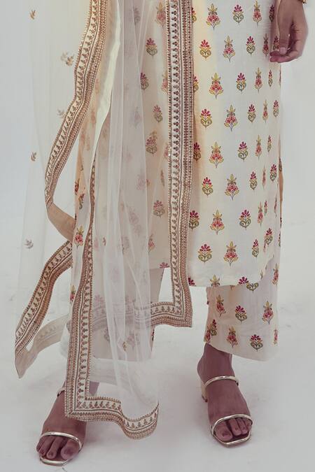 Shop_Drishti & Zahabia_White Dupion Silk And Net Dori & Sequin Work, Floral Print Notched Kurta Pant Set_Online_at_Aza_Fashions