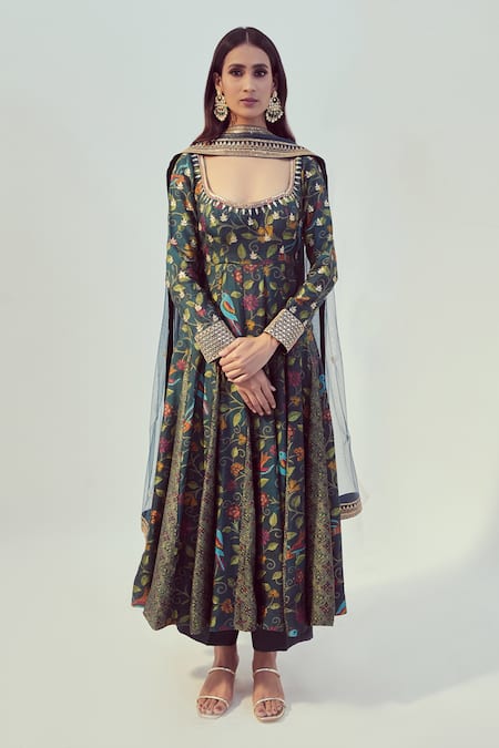 Buy_Drishti & Zahabia_Blue Dupion Silk, Chanderi And Net Dori & Sequin Work, Floral Print Anarkali Set_Online_at_Aza_Fashions