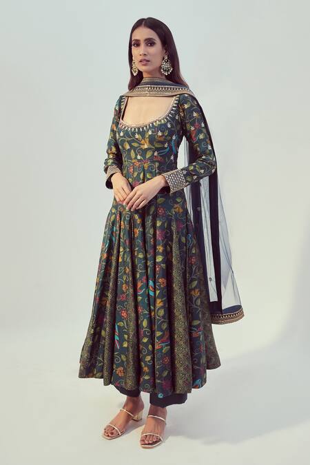 Drishti & Zahabia_Blue Dupion Silk, Chanderi And Net Dori & Sequin Work, Floral Print Anarkali Set_Online_at_Aza_Fashions