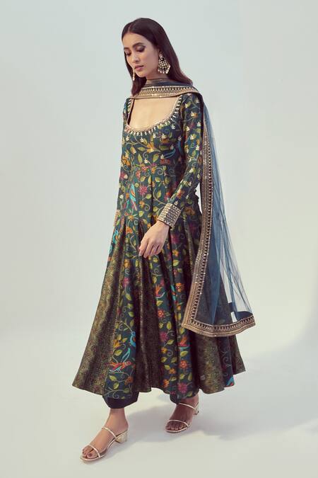 Shop_Drishti & Zahabia_Blue Dupion Silk, Chanderi And Net Dori & Sequin Work, Floral Print Anarkali Set_Online_at_Aza_Fashions