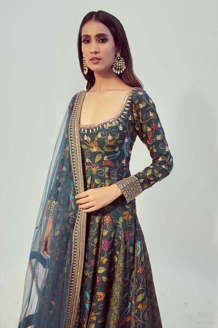 Drishti & Zahabia_Blue Dupion Silk, Chanderi And Net Dori & Sequin Work, Floral Print Anarkali Set_at_Aza_Fashions