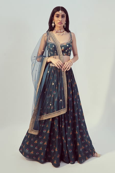 Buy_Drishti & Zahabia_Blue Dupion Silk And Net Dori & Sequin Work, Floral Print Scoop Neck Lehenga Set_Online_at_Aza_Fashions