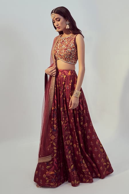 Drishti & Zahabia_Maroon Dupion Silk And Net Dori & Sequin Work, Floral Print Round Lehenga Set _Online_at_Aza_Fashions