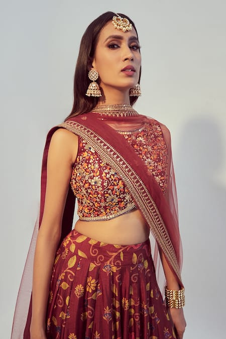 Buy_Drishti & Zahabia_Maroon Dupion Silk And Net Dori & Sequin Work, Floral Print Round Lehenga Set _Online_at_Aza_Fashions