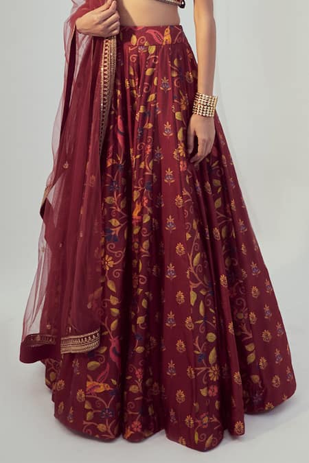 Shop_Drishti & Zahabia_Maroon Dupion Silk And Net Dori & Sequin Work, Floral Print Round Lehenga Set _Online_at_Aza_Fashions