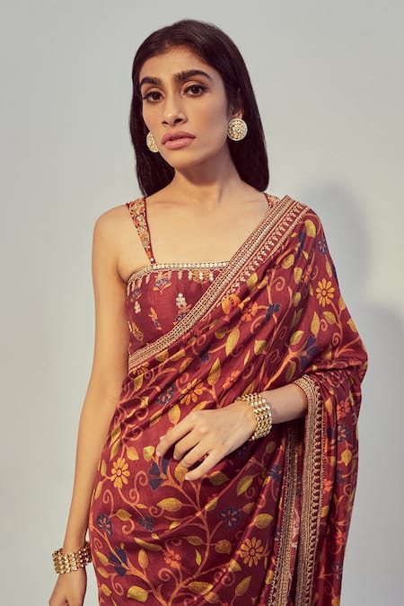 Buy_Drishti & Zahabia_Maroon Dupion Silk Dori And Sequin Work, Floral Print Square Saree With Blouse _Online_at_Aza_Fashions