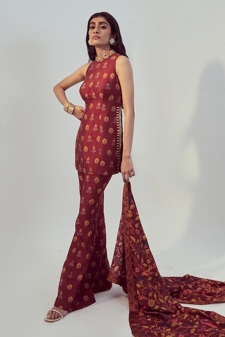 Drishti & Zahabia_Maroon Dupion Silk Dori And Sequin Work, Floral Print High Kurta & Pant Set _Online_at_Aza_Fashions