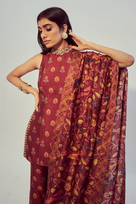 Buy_Drishti & Zahabia_Maroon Dupion Silk Dori And Sequin Work, Floral Print High Kurta & Pant Set _Online_at_Aza_Fashions