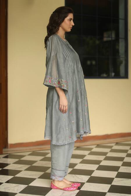 Begum_Grey Kurta Chanderi, Pant And Slip Cotton Floral Kira Embroidered & Set _Online_at_Aza_Fashions