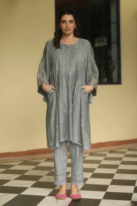 Shop_Begum_Grey Kurta Chanderi, Pant And Slip Cotton Floral Kira Embroidered & Set _Online_at_Aza_Fashions