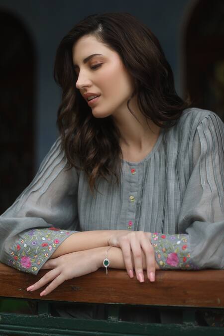 Begum_Grey Kurta Chanderi, Pant And Slip Cotton Floral Kira Embroidered & Set _at_Aza_Fashions