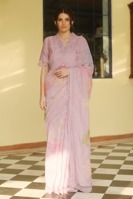 Begum Purple Chanderi Applique Floral Motifs V Neck Esme Saree With Blouse 