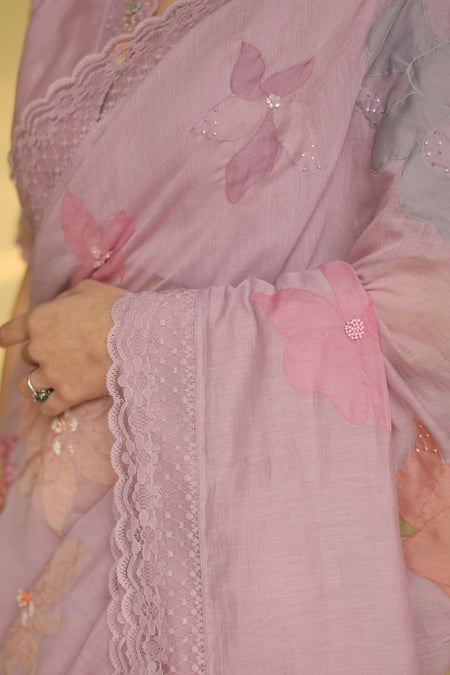 Begum_Purple Chanderi Floral Motifs, Lace, Beads V Esme Applique Saree With Blouse _at_Aza_Fashions