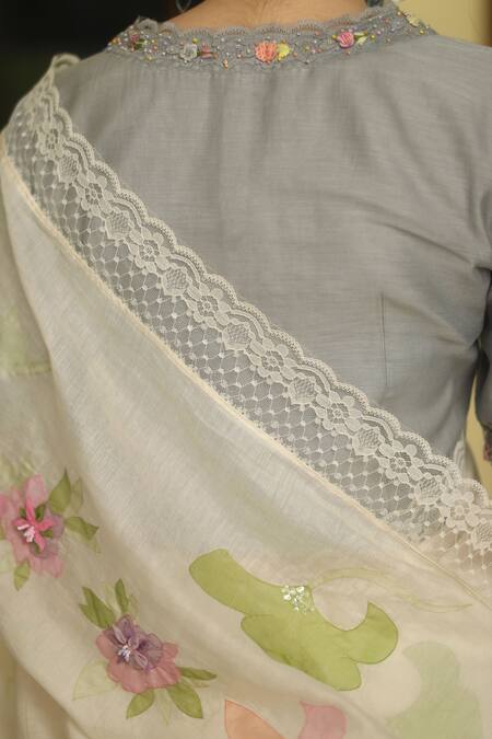 Begum_White Chanderi Floral Motifs, Lace, Beads V Neck Esme Applique Saree With Blouse _at_Aza_Fashions