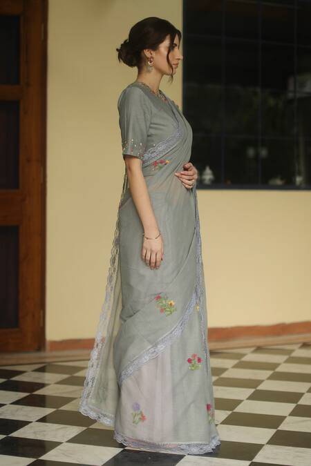 Begum Grey Blouse Chanderi, Saree Handloom Kota Floral Alaia Embroidered With Online at Aza Fashions Begum_Grey Blouse Chanderi, Saree Handloom Kota Floral Alaia Embroidered With _Online_at_Aza_Fashions