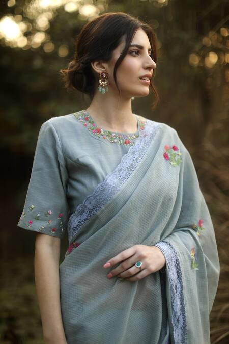 Shop_Begum_Grey Blouse Chanderi, Saree Handloom Kota Floral Alaia Embroidered With _Online_at_Aza_Fashions