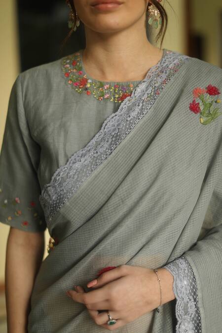 Begum_Grey Blouse Chanderi, Saree Handloom Kota Floral Alaia Embroidered With _at_Aza_Fashions