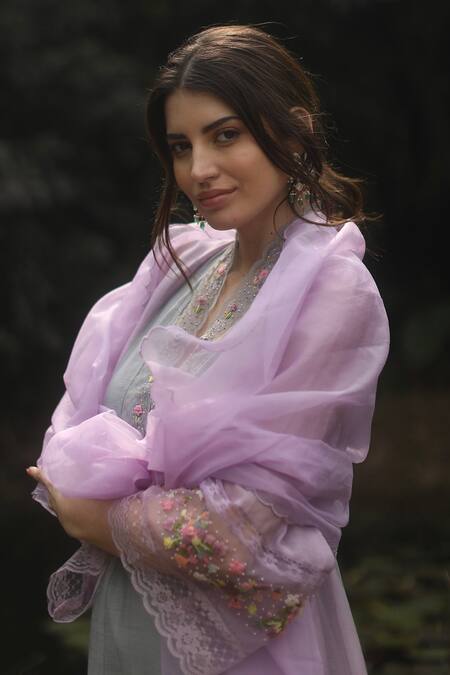 Buy_Begum_Grey Dupatta Organza, Kurta Chanderi, Pant And Miren Embroidered A-line Set _Online_at_Aza_Fashions