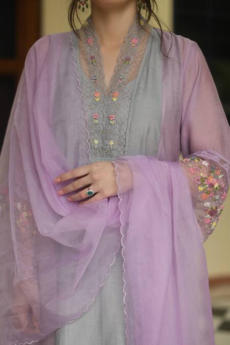 Shop_Begum_Grey Dupatta Organza, Kurta Chanderi, Pant And Miren Embroidered A-line Set _Online_at_Aza_Fashions