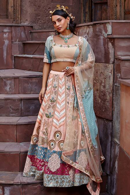 Shweta Aggarwal_Peach Georgette And Chinon Chiffon, Pure Raw Silk Embroidered Bridal Lehenga Set _Online_at_Aza_Fashions
