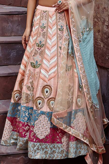 Shweta Aggarwal_Peach Georgette And Chinon Chiffon, Pure Raw Silk Embroidered Bridal Lehenga Set _at_Aza_Fashions
