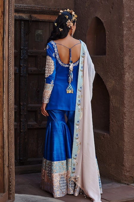 Shop Shweta Aggarwal Blue Crepe And Georgette, Raw Silk Zardozi Embroidered Kurta Sharara Set at Aza Fashions Shop_Shweta Aggarwal_Blue Crepe And Georgette, Raw Silk Zardozi Embroidered Kurta Sharara Set _at_Aza_Fashions