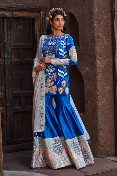 Shweta Aggarwal Blue Crepe And Georgette, Raw Silk Zardozi Embroidered Kurta Sharara Set Online at Aza Fashions Shweta Aggarwal_Blue Crepe And Georgette, Raw Silk Zardozi Embroidered Kurta Sharara Set _Online_at_Aza_Fashions