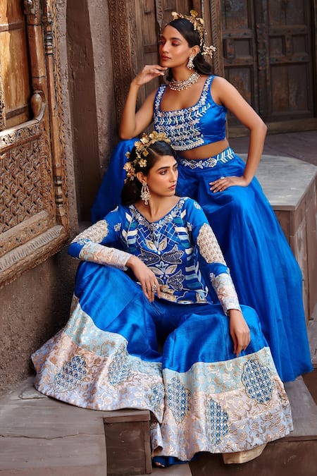 Buy Shweta Aggarwal Blue Crepe And Georgette, Raw Silk Zardozi Embroidered Kurta Sharara Set Online at Aza Fashions Buy_Shweta Aggarwal_Blue Crepe And Georgette, Raw Silk Zardozi Embroidered Kurta Sharara Set _Online_at_Aza_Fashions