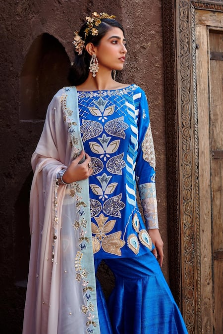 Shop Shweta Aggarwal Blue Crepe And Georgette, Raw Silk Zardozi Embroidered Kurta Sharara Set Online at Aza Fashions Shop_Shweta Aggarwal_Blue Crepe And Georgette, Raw Silk Zardozi Embroidered Kurta Sharara Set _Online_at_Aza_Fashions