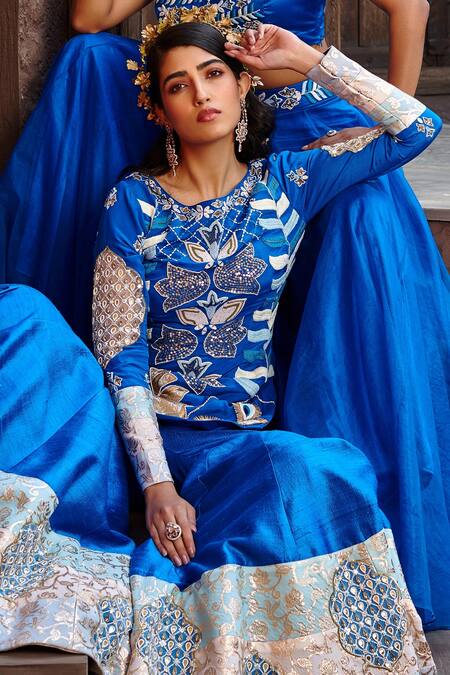 Shweta Aggarwal Blue Crepe And Georgette, Raw Silk Zardozi Embroidered Kurta Sharara Set at Aza Fashions Shweta Aggarwal_Blue Crepe And Georgette, Raw Silk Zardozi Embroidered Kurta Sharara Set _at_Aza_Fashions