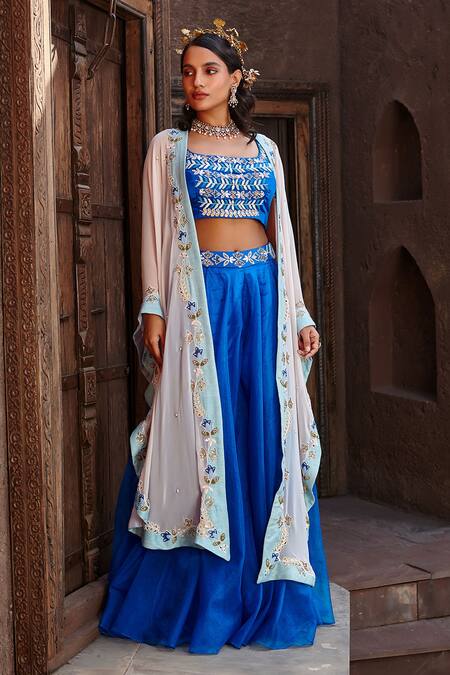 Shweta Aggarwal Blue Georgette And Organza Zardozi & Beads Round Embroidered Cape Sharara Set 