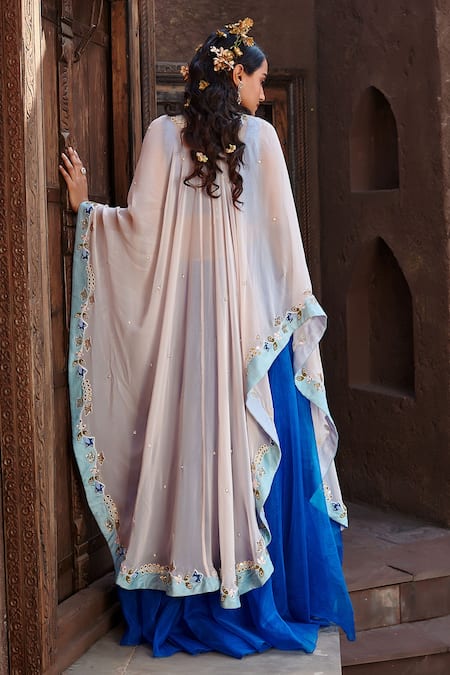 Shop Shweta Aggarwal Blue Georgette And Organza Zardozi & Beads Round Embroidered Cape Sharara Set at Aza Fashions Shop_Shweta Aggarwal_Blue Georgette And Organza Zardozi & Beads Round Embroidered Cape Sharara Set _at_Aza_Fashions