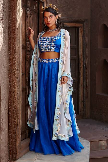 Shweta Aggarwal Blue Georgette And Organza Zardozi & Beads Round Embroidered Cape Sharara Set Online at Aza Fashions Shweta Aggarwal_Blue Georgette And Organza Zardozi & Beads Round Embroidered Cape Sharara Set _Online_at_Aza_Fashions