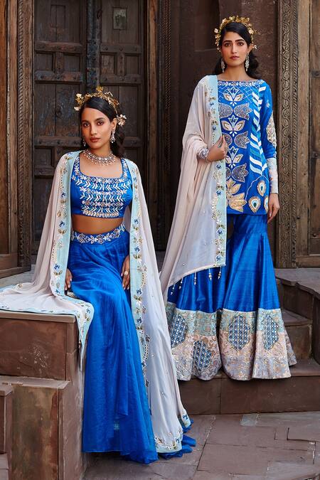 Buy Shweta Aggarwal Blue Georgette And Organza Zardozi & Beads Round Embroidered Cape Sharara Set Online at Aza Fashions Buy_Shweta Aggarwal_Blue Georgette And Organza Zardozi & Beads Round Embroidered Cape Sharara Set _Online_at_Aza_Fashions