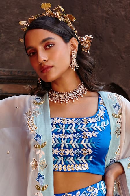 Shop Shweta Aggarwal Blue Georgette And Organza Zardozi & Beads Round Embroidered Cape Sharara Set Online at Aza Fashions Shop_Shweta Aggarwal_Blue Georgette And Organza Zardozi & Beads Round Embroidered Cape Sharara Set _Online_at_Aza_Fashions