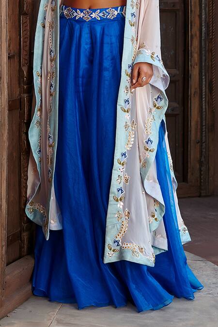 Shweta Aggarwal Blue Georgette And Organza Zardozi & Beads Round Embroidered Cape Sharara Set at Aza Fashions Shweta Aggarwal_Blue Georgette And Organza Zardozi & Beads Round Embroidered Cape Sharara Set _at_Aza_Fashions
