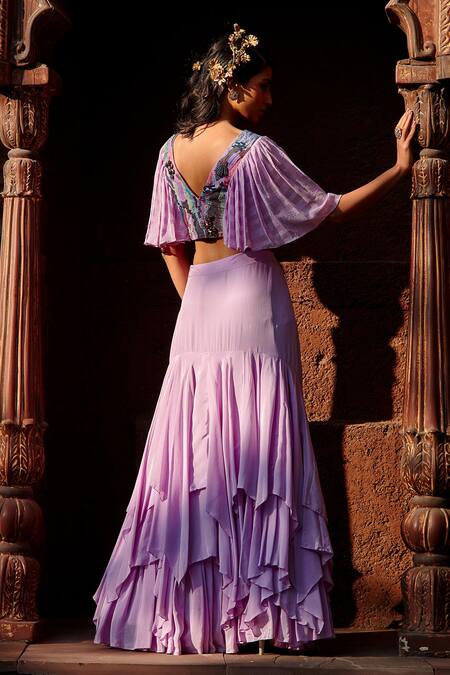 Shop_Shweta Aggarwal_Purple Natural Crepe And Self Georgette Sequin & Embroidered Crop Top & Skirt Set _at_Aza_Fashions