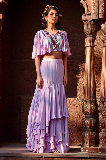 Shweta Aggarwal_Purple Natural Crepe And Self Georgette Sequin & Embroidered Crop Top & Skirt Set _Online_at_Aza_Fashions