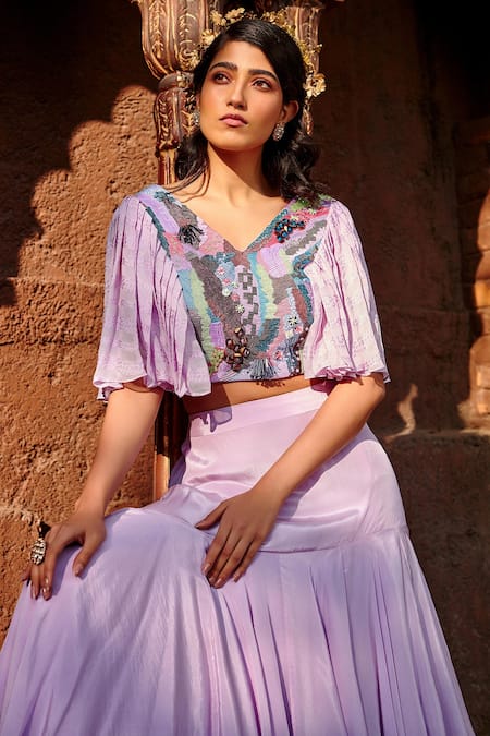 Shweta Aggarwal_Purple Natural Crepe And Self Georgette Sequin & Embroidered Crop Top & Skirt Set _at_Aza_Fashions