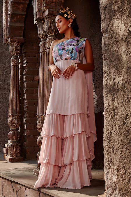 Shop Shweta Aggarwal Pink Crepe, Self And Sequin & Embroidered Tunic Sharara Set at Aza Fashions Shop_Shweta Aggarwal_Pink Crepe, Self And Sequin & Embroidered Tunic Sharara Set _at_Aza_Fashions